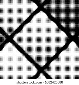 Abstract grunge grid polka dot halftone background pattern. Spotted black and white vector line illustration
