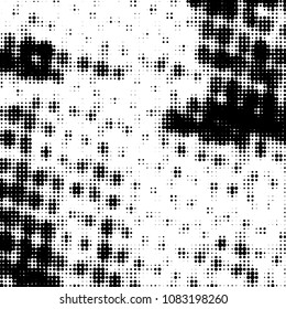 Abstract grunge grid polka dot halftone background pattern. Spotted black and white vector line illustration
