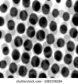 Abstract grunge grid polka dot halftone background pattern. Spotted black and white vector line illustration
