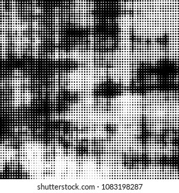 Abstract grunge grid polka dot halftone background pattern. Spotted black and white vector line illustration
