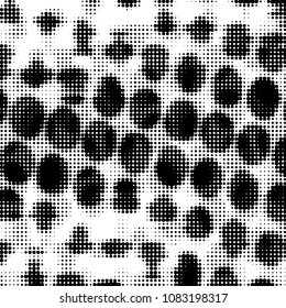 Abstract grunge grid polka dot halftone background pattern. Spotted black and white vector line illustration
