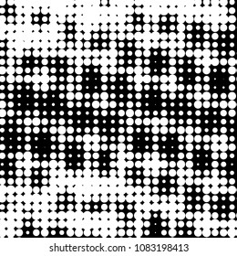 Abstract grunge grid polka dot halftone background pattern. Spotted black and white vector line illustration
