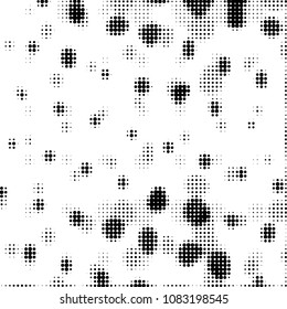 Abstract grunge grid polka dot halftone background pattern. Spotted black and white vector line illustration
