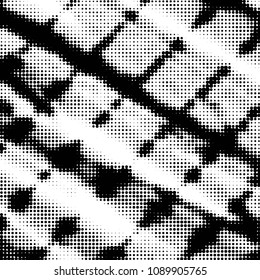 Abstract grunge grid polka dot halftone background pattern. Spotted black and white vector line illustration
