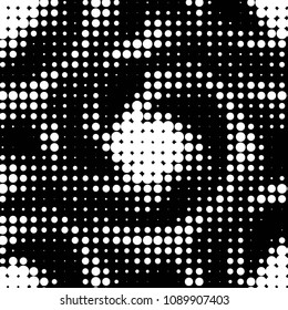 Abstract grunge grid polka dot halftone background pattern. Spotted black and white vector line illustration
