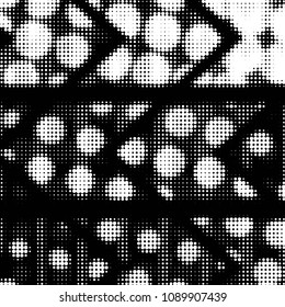 Abstract grunge grid polka dot halftone background pattern. Spotted black and white vector line illustration
