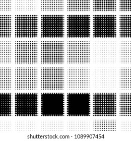 Abstract grunge grid polka dot halftone background pattern. Spotted black and white vector line illustration
