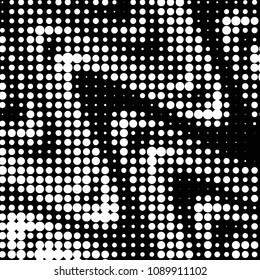 Abstract grunge grid polka dot halftone background pattern. Spotted black and white vector line illustration
