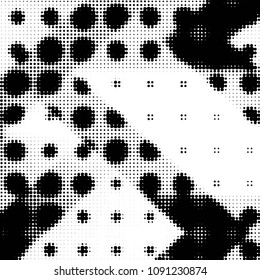 Abstract grunge grid polka dot halftone background pattern. Spotted black and white vector line illustration
