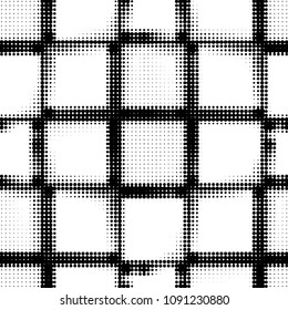 Abstract grunge grid polka dot halftone background pattern. Spotted black and white vector line illustration
