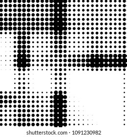Abstract grunge grid polka dot halftone background pattern. Spotted black and white vector line illustration
