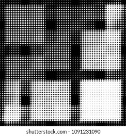 Abstract grunge grid polka dot halftone background pattern. Spotted black and white vector line illustration
