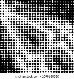 Abstract grunge grid polka dot halftone background pattern. Spotted black and white vector line illustration
