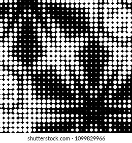 Abstract grunge grid polka dot halftone background pattern. Spotted black and white vector line illustration
