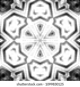 Abstract grunge grid polka dot halftone background pattern. Spotted black and white vector line illustration
