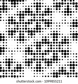 Abstract grunge grid polka dot halftone background pattern. Spotted black and white vector line illustration
