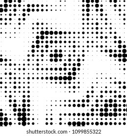 Abstract grunge grid polka dot halftone background pattern. Spotted black and white vector line illustration
