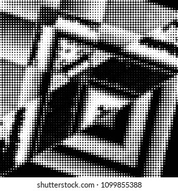 Abstract grunge grid polka dot halftone background pattern. Spotted black and white vector line illustration
