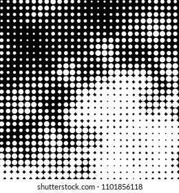 Abstract grunge grid polka dot halftone background pattern. Spotted black and white vector line illustration
