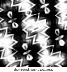 Abstract grunge grid polka dot halftone background pattern. Spotted black and white vector line illustration
