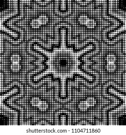 Abstract grunge grid polka dot halftone background pattern. Spotted black and white vector line illustration
