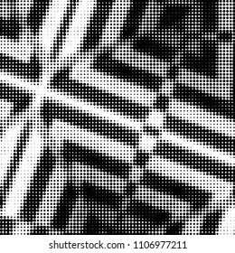 Abstract grunge grid polka dot halftone background pattern. Spotted black and white vector line illustration

