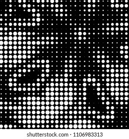 Abstract grunge grid polka dot halftone background pattern. Spotted black and white vector line illustration
