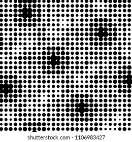 Abstract grunge grid polka dot halftone background pattern. Spotted black and white vector line illustration
