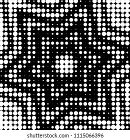 Abstract grunge grid polka dot halftone background pattern. Spotted black and white vector line illustration
