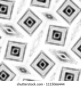 Abstract grunge grid polka dot halftone background pattern. Spotted black and white vector line illustration
