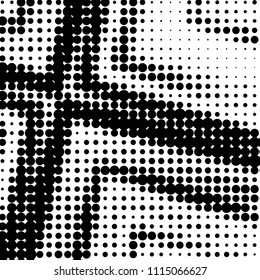 Abstract grunge grid polka dot halftone background pattern. Spotted black and white vector line illustration
