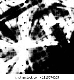 Abstract grunge grid polka dot halftone background pattern. Spotted black and white vector line illustration
