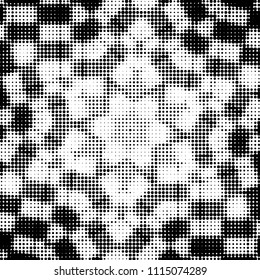 Abstract grunge grid polka dot halftone background pattern. Spotted black and white vector line illustration
