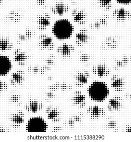 Abstract grunge grid polka dot halftone background pattern. Spotted black and white vector line illustration
