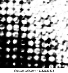 Abstract grunge grid polka dot halftone background pattern. Spotted black and white vector line illustration

