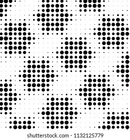 Abstract grunge grid polka dot halftone background pattern. Spotted black and white vector line illustration
