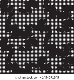 Abstract grunge grid polka dot halftone background pattern. Spotted black and white vector line illustration