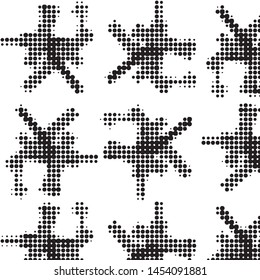 Abstract grunge grid polka dot halftone background pattern. Spotted black and white vector line illustration