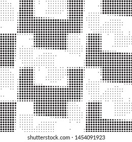 Abstract grunge grid polka dot halftone background pattern. Spotted black and white vector line illustration