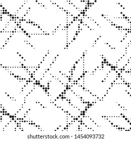 Abstract grunge grid polka dot halftone background pattern. Spotted black and white vector line illustration