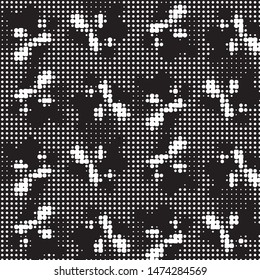 Abstract grunge grid polka dot halftone background pattern. Spotted black and white vector line illustration