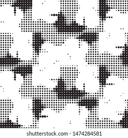 Abstract grunge grid polka dot halftone background pattern. Spotted black and white vector line illustration