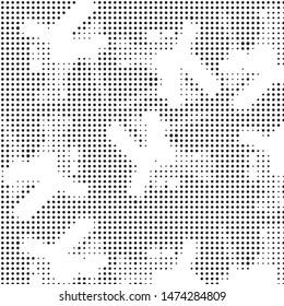 Abstract grunge grid polka dot halftone background pattern. Spotted black and white vector line illustration