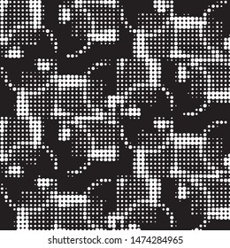 Abstract grunge grid polka dot halftone background pattern. Spotted black and white vector line illustration