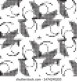Abstract grunge grid polka dot halftone background pattern. Spotted black and white vector line illustration