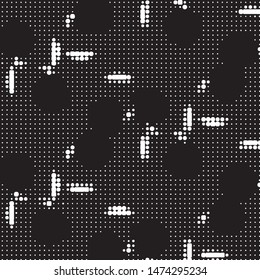 Abstract grunge grid polka dot halftone background pattern. Spotted black and white vector line illustration