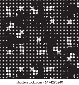 Abstract grunge grid polka dot halftone background pattern. Spotted black and white vector line illustration