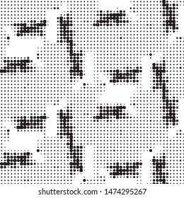 Abstract grunge grid polka dot halftone background pattern. Spotted black and white vector line illustration