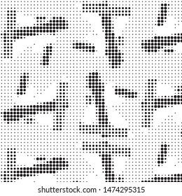 Abstract grunge grid polka dot halftone background pattern. Spotted black and white vector line illustration