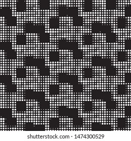 Abstract grunge grid polka dot halftone background pattern. Spotted black and white vector line illustration